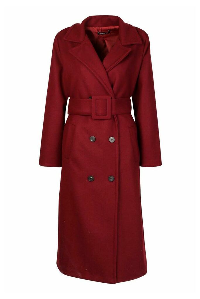Womens Covered Buckle Belted Wool Look Trench Coat - 12, Red
