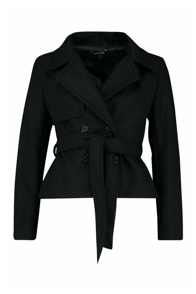Womens Short Belted Wool Look Trench Coat - Black - 12, Black