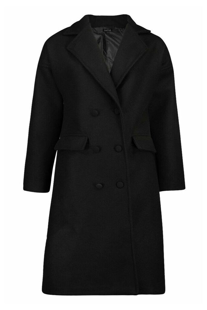 Womens Fabric Covered Buttoned Wool Look Coat - Black - 14, Black