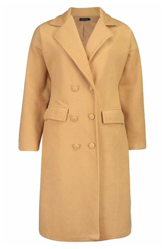 Womens Fabric Covered Buttoned Wool Look Coat - Beige - 14, Beige