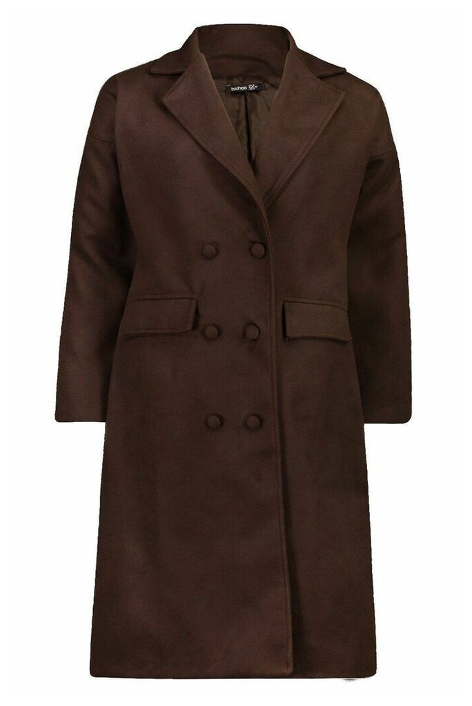 Womens Fabric Covered Buttoned Wool Look Coat - Brown - 14, Brown