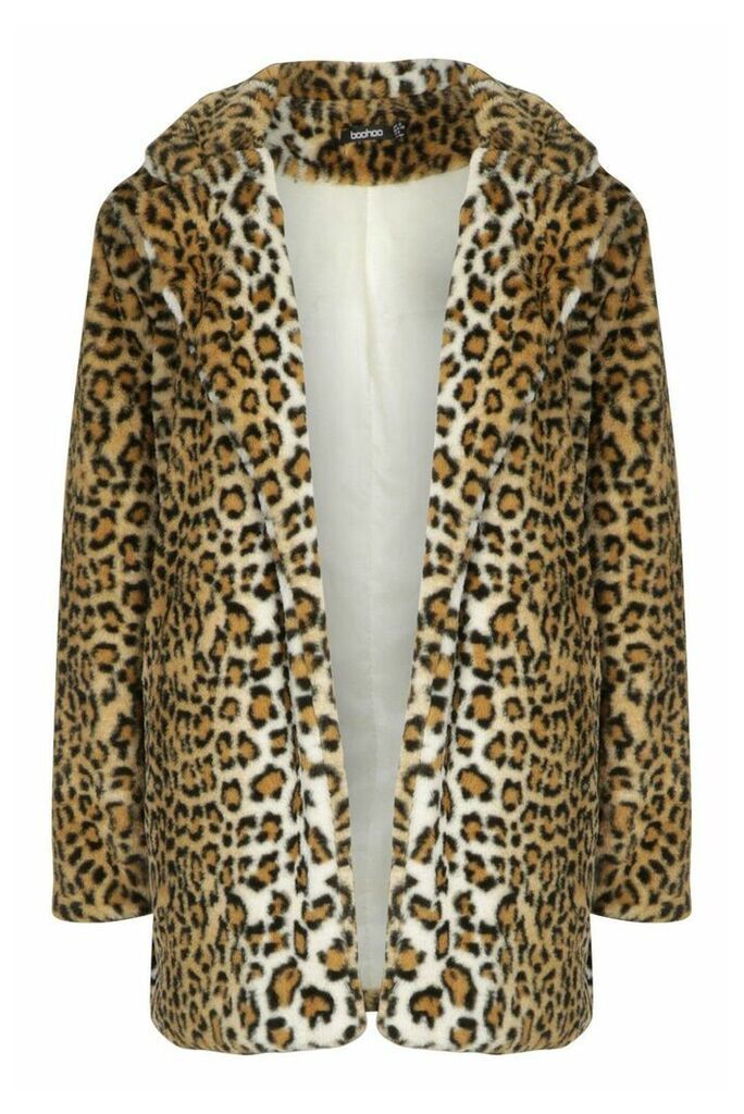 Womens Leopard Oversized Faux Fur Coat - brown - 8, Brown