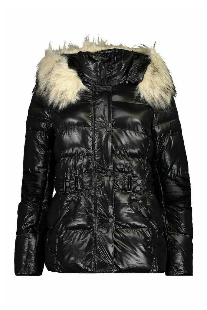 Womens Faux Fur Trim Belted Parka Coat - Black - 14, Black
