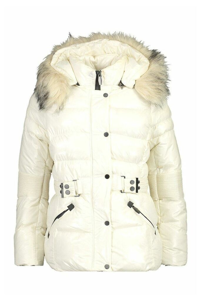 Womens Faux Fur Trim Belted Parka Coat - White - 14, White