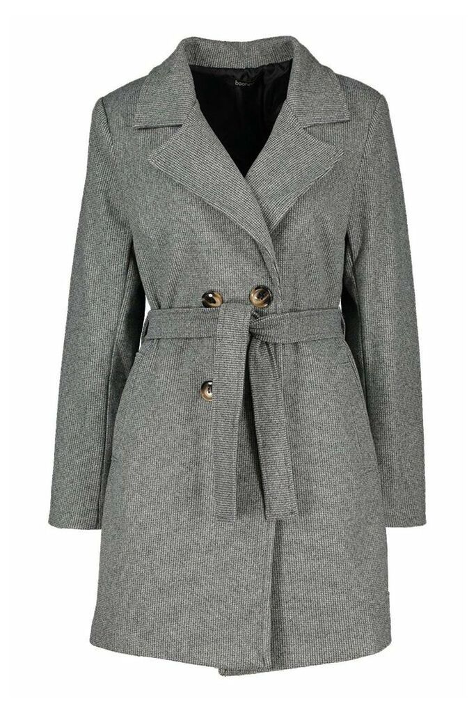 Womens Tonal Check Belted Wool Look Coat - grey - 8, Grey