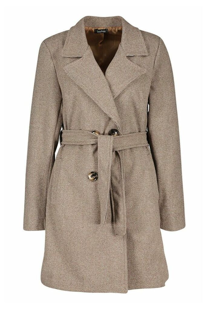 Womens Tonal Check Belted Wool Look Coat - brown - 14, Brown