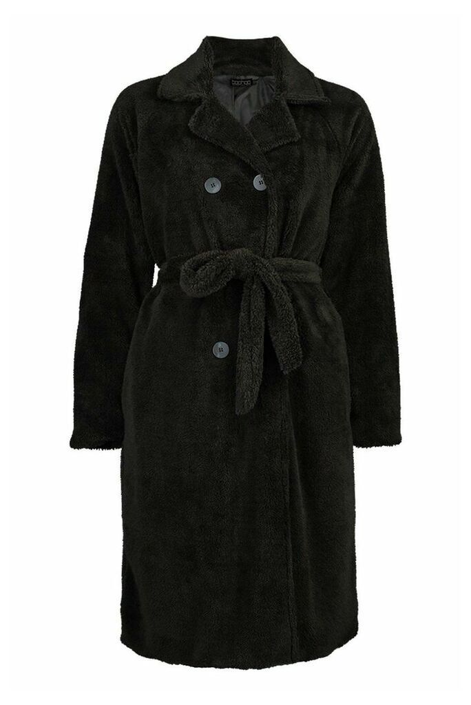 Womens Teddy Faux Fur Trench Coat - Black - 12, Black