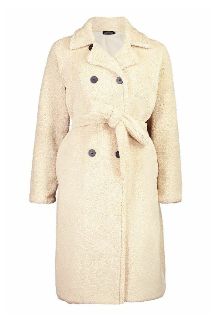 Womens Teddy Faux Fur Trench Coat - White - 10, White