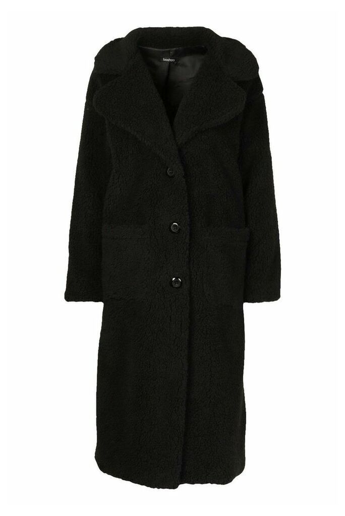 Womens Longline Teddy Faux Fur Coat - Black - 10, Black