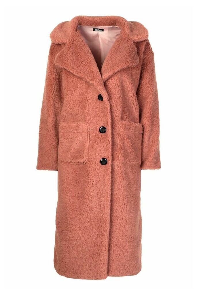 Womens Longline Teddy Faux Fur Coat - Beige - 14, Beige