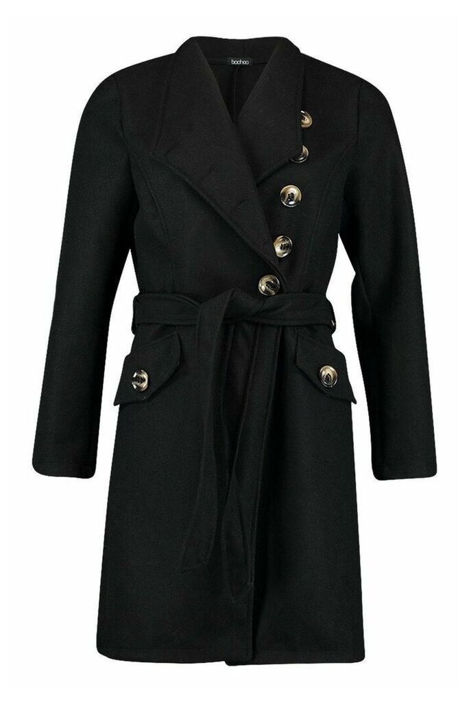 Womens Belted Pocket Detail Wool Look Coat - black - 8, Black