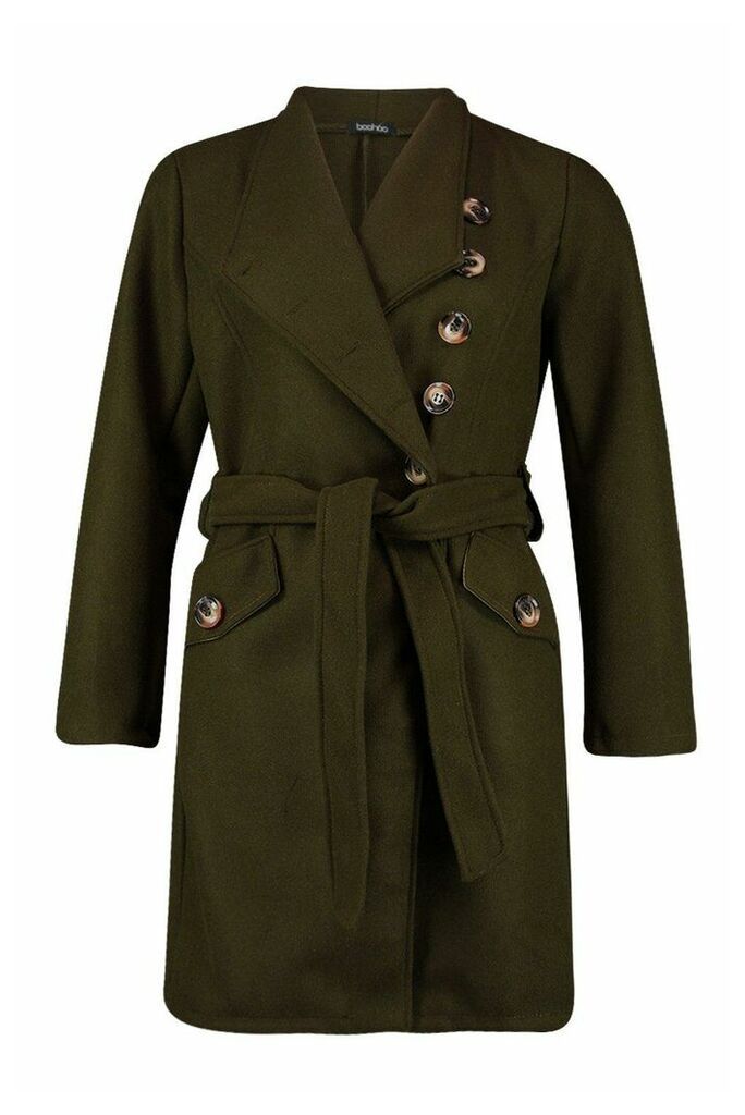 Womens Belted Pocket Detail Wool Look Coat - Green - 12, Green