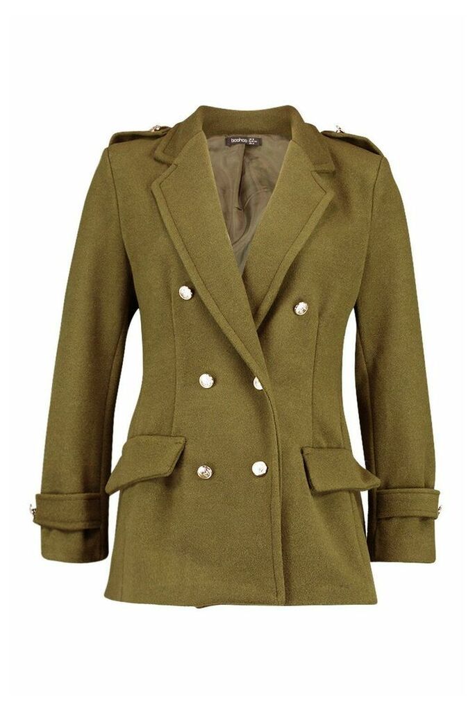 Womens Double Breasted Military Wool Look Coat - Green - 12, Green