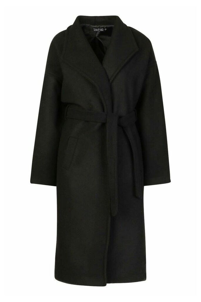 Womens Wrap Belted Longline Wool Look Coat - black - 8, Black