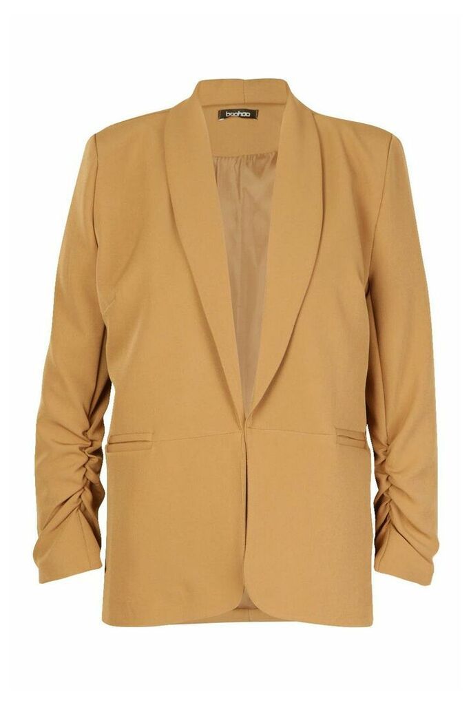 Womens Ruched Sleeve Blazer - Beige - 12, Beige