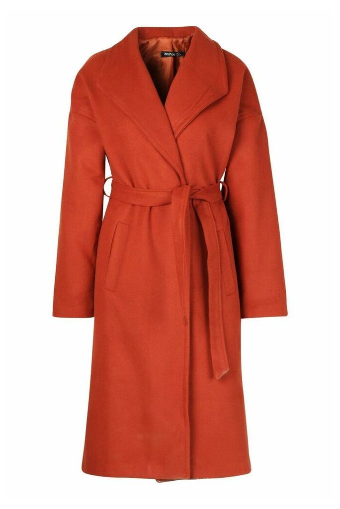 Womens Wrap Belted Longline Wool Look Coat - Orange - 12, Orange