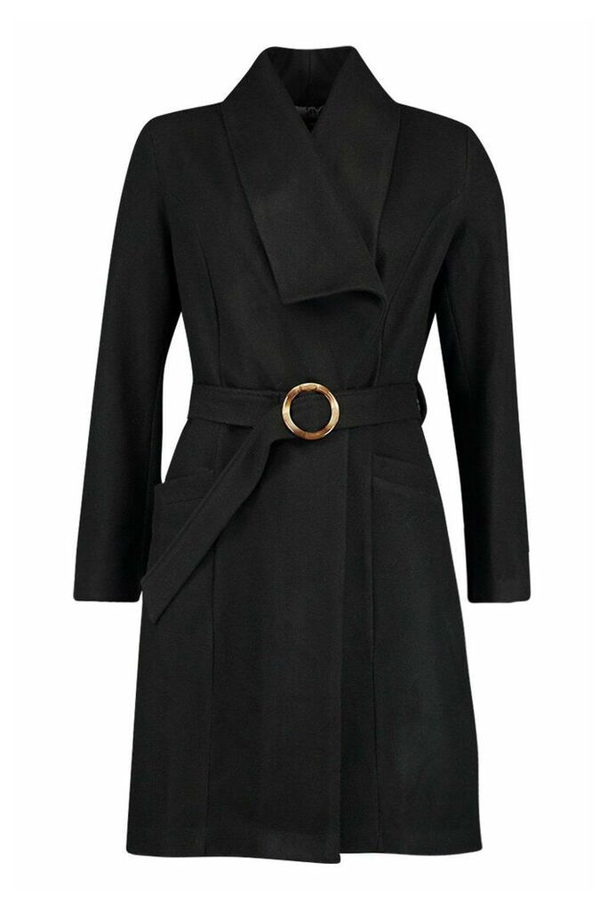 Womens O Ring Belt Detail Wool Look Coat - Black - 8, Black