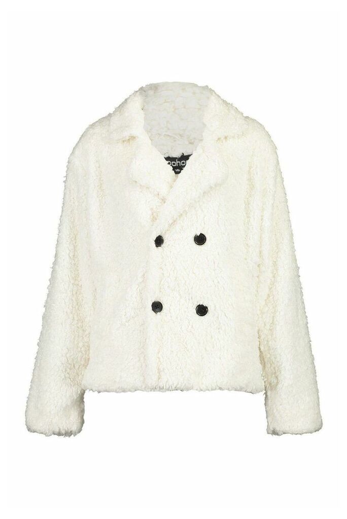 Womens Double Breasted Faux Fur Teddy Coat - white - 16, White