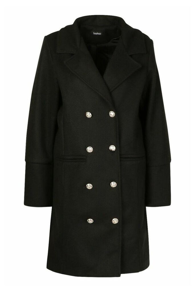 Womens Military Button Double Breasted Wool Look Coat - Black - 8, Black