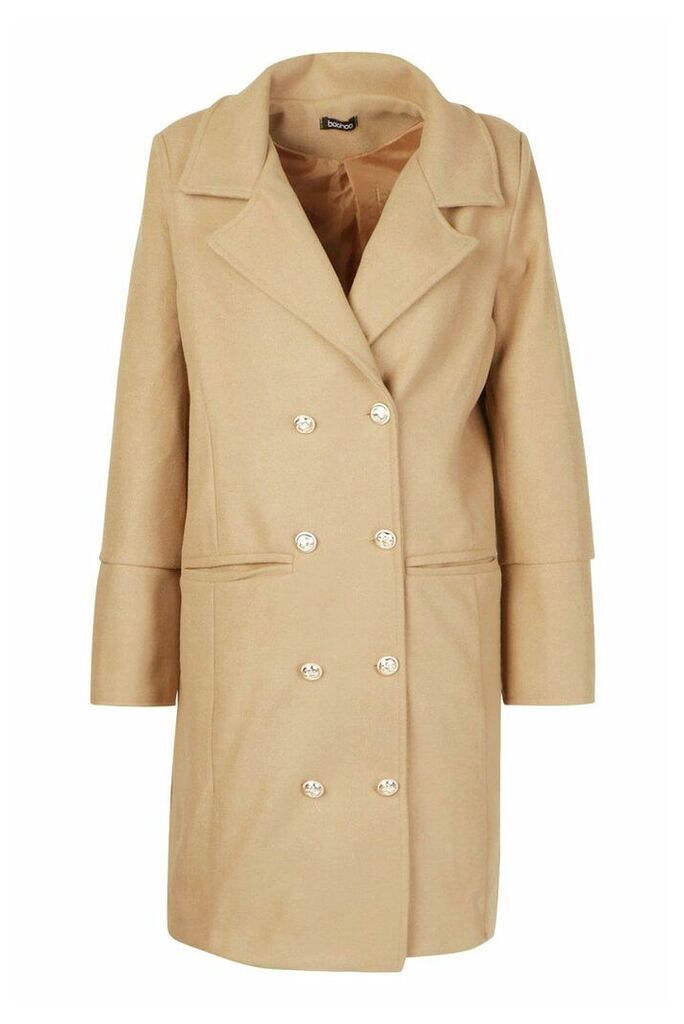 Womens Military Button Double Breasted Wool Look Coat - Beige - 12, Beige