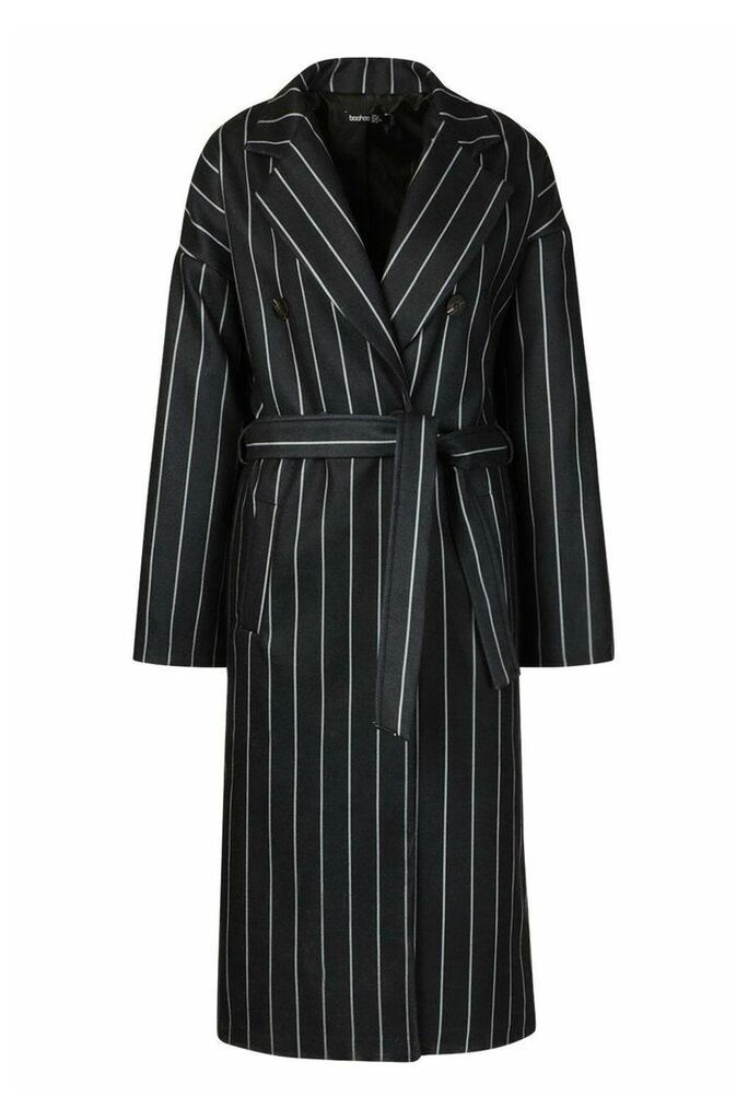 Womens Stripe Belted Wool Look Longline Coat - Black - 14, Black