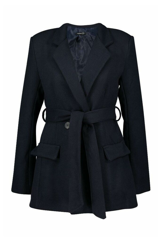 Womens Tailored Belted Double Breasted Wool Look Coat - navy - 14, Navy