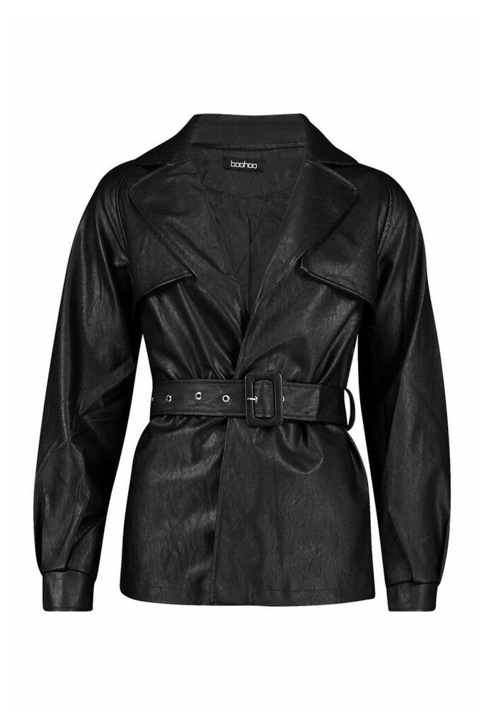 Womens Belted Faux Leather Trench Coat - black - L, Black