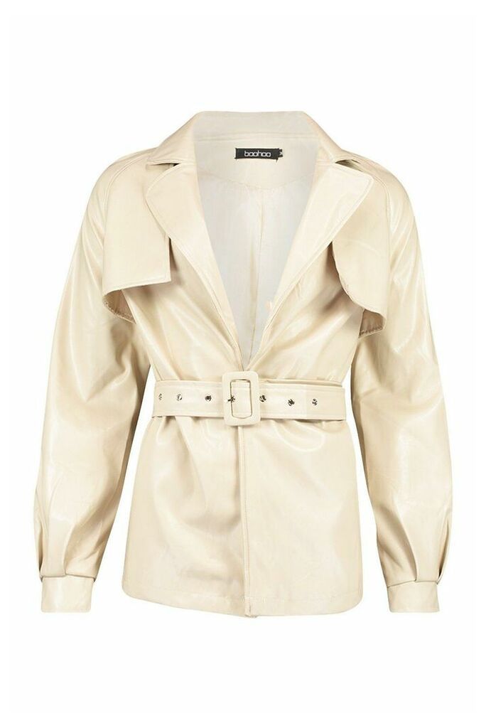 Womens Belted Faux Leather Trench Coat - White - L, White