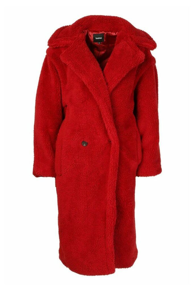 Womens Oversized Teddy Faux Fur Longline Coat - red - L, Red