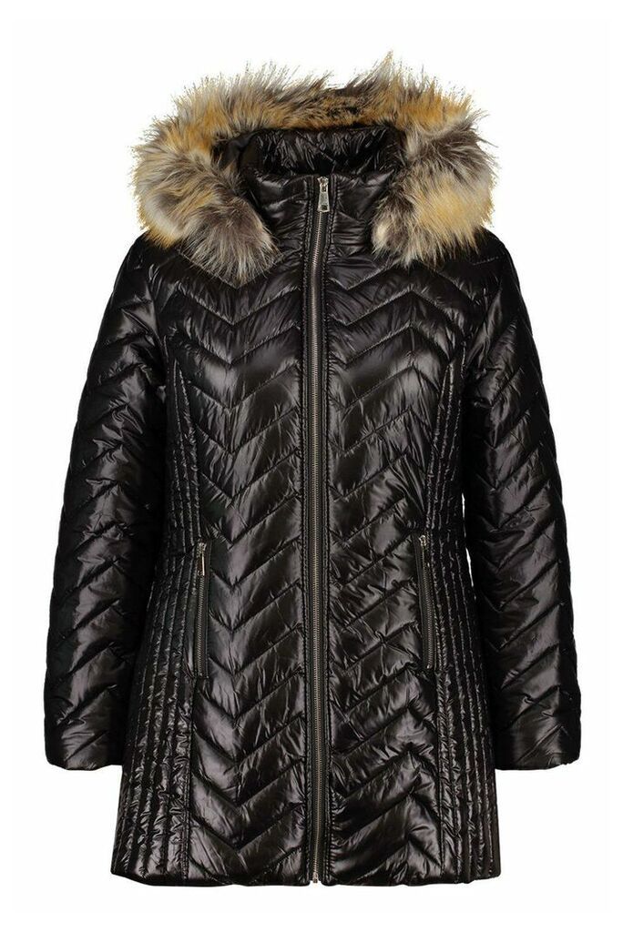 Womens Plus Padded Puffer Faux Fur Hooded Coat - Black - 16-18, Black