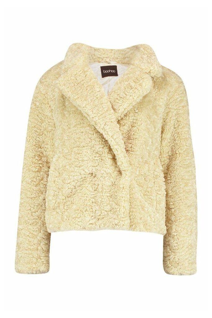 Womens Premium Textured Collared Faux Fur Coat - White - 12, White