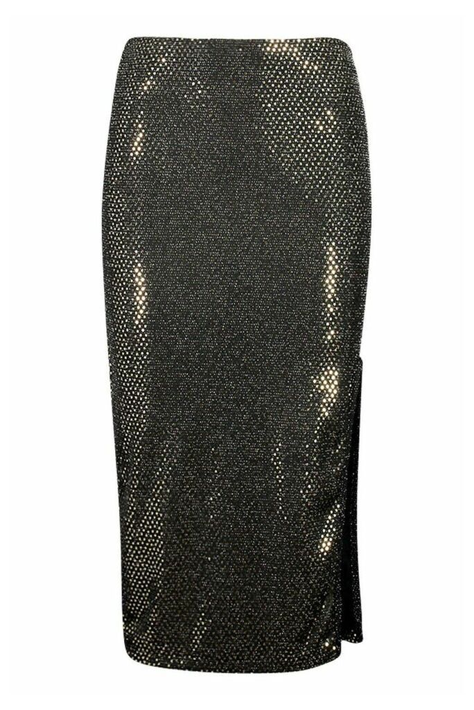Womens Tall Sequin Thigh Split Midi Skirt - Metallics - 16, Metallics