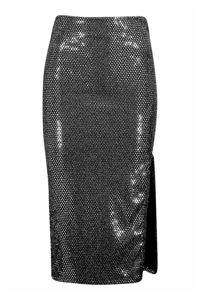 Womens Tall Sequin Thigh Split Midi Skirt - Grey - 10, Grey
