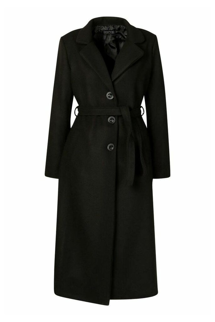 Womens Tall Wool Belted Longline Coat - black - S, Black