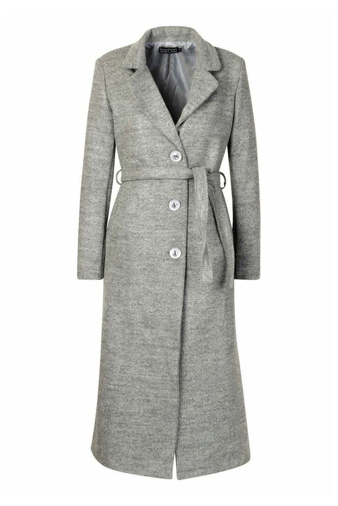 Womens Tall Wool Belted Longline Coat - grey - L, Grey