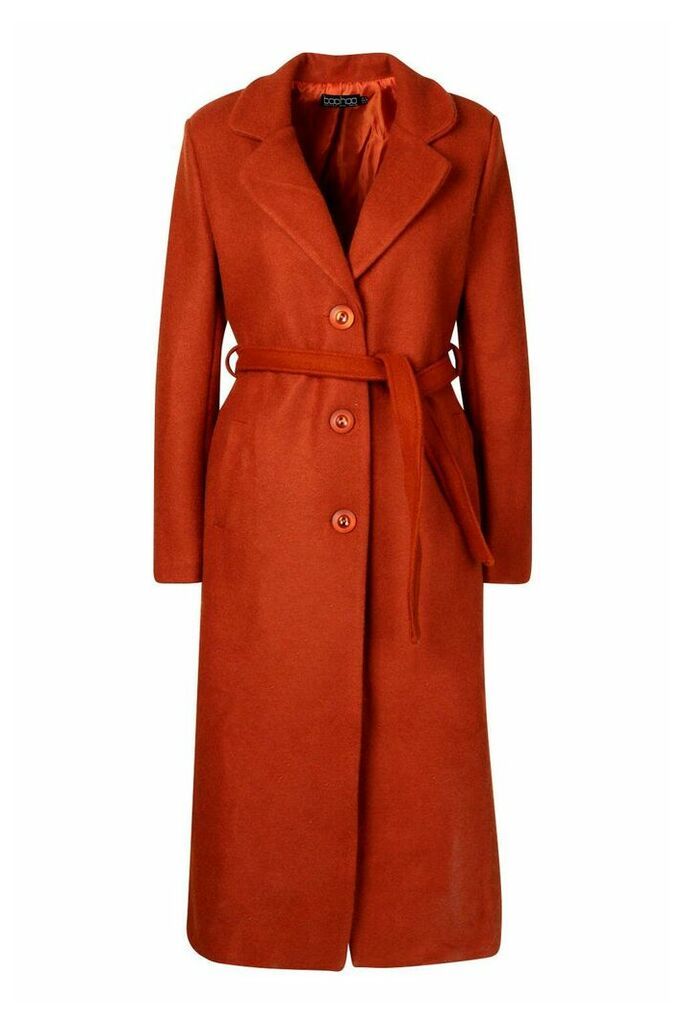 Womens Tall Wool Belted Longline Coat - orange - M, Orange