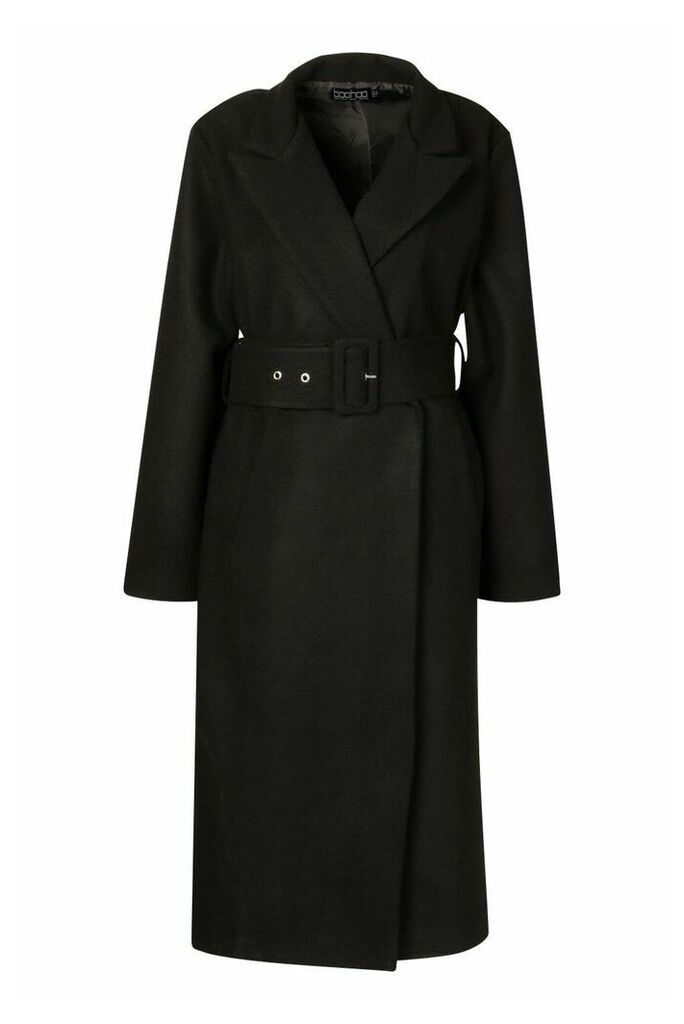 Womens Tall Self Fabric Belted Longline Wool Coat - Black - S/M, Black