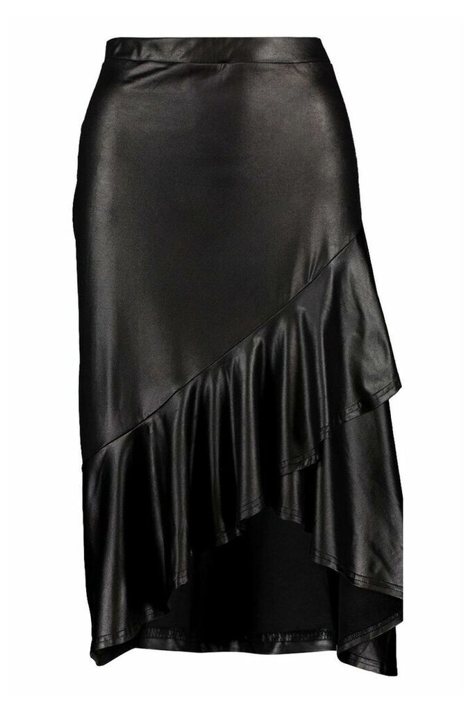 Womens Matte PU Deep Ruffle Midi Skirt - black - 10, Black