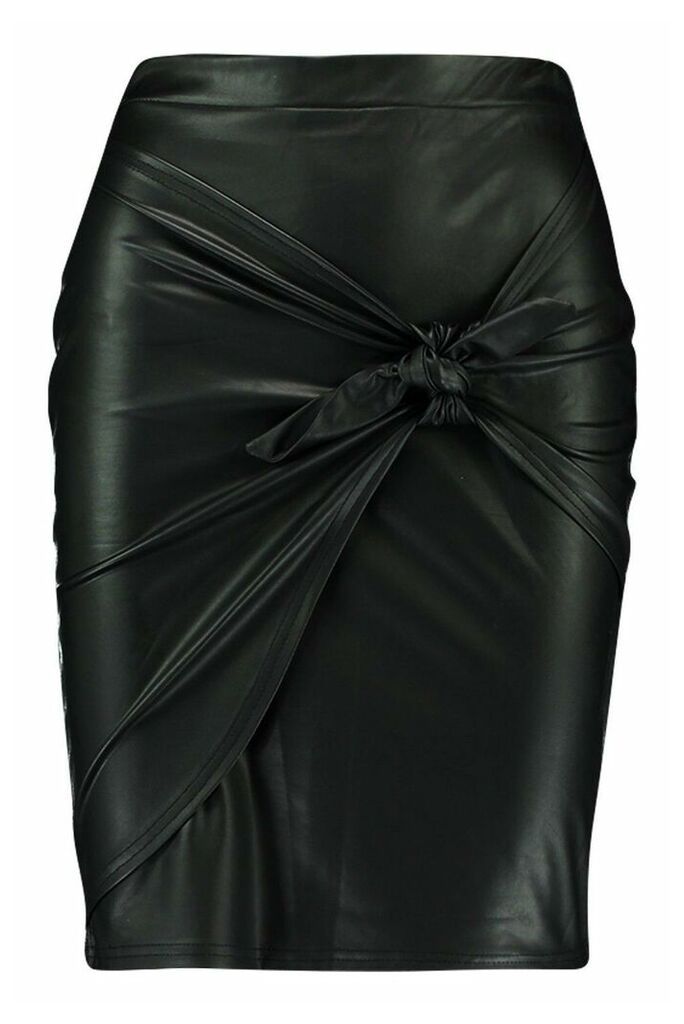 Womens Matte PU Tie Front Skirt - black - 10, Black