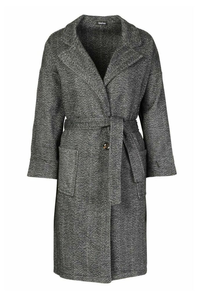 Womens Herringbone Belted Wool Look Coat - Grey - 12, Grey