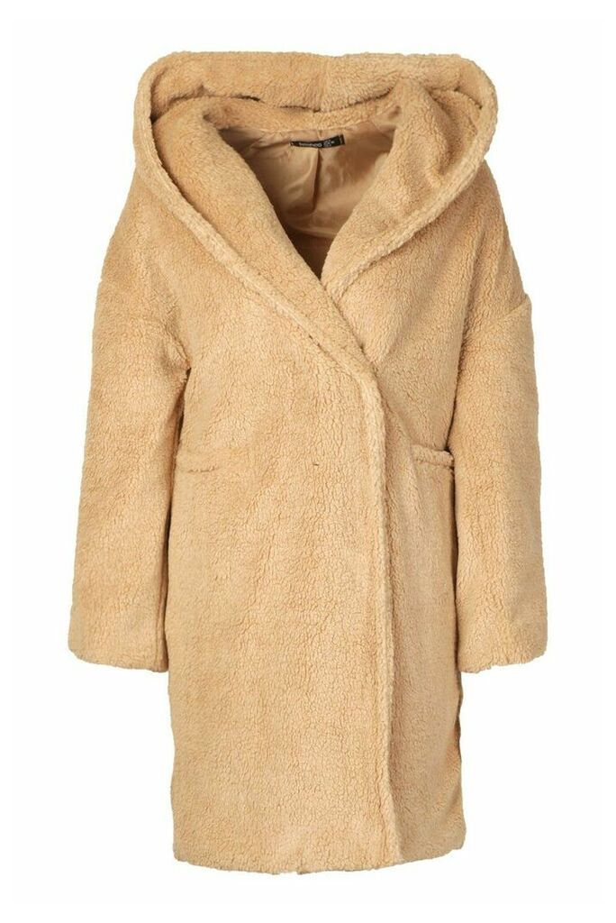 Womens Petite Oversized Hooded Teddy Coat - beige - 4, Beige