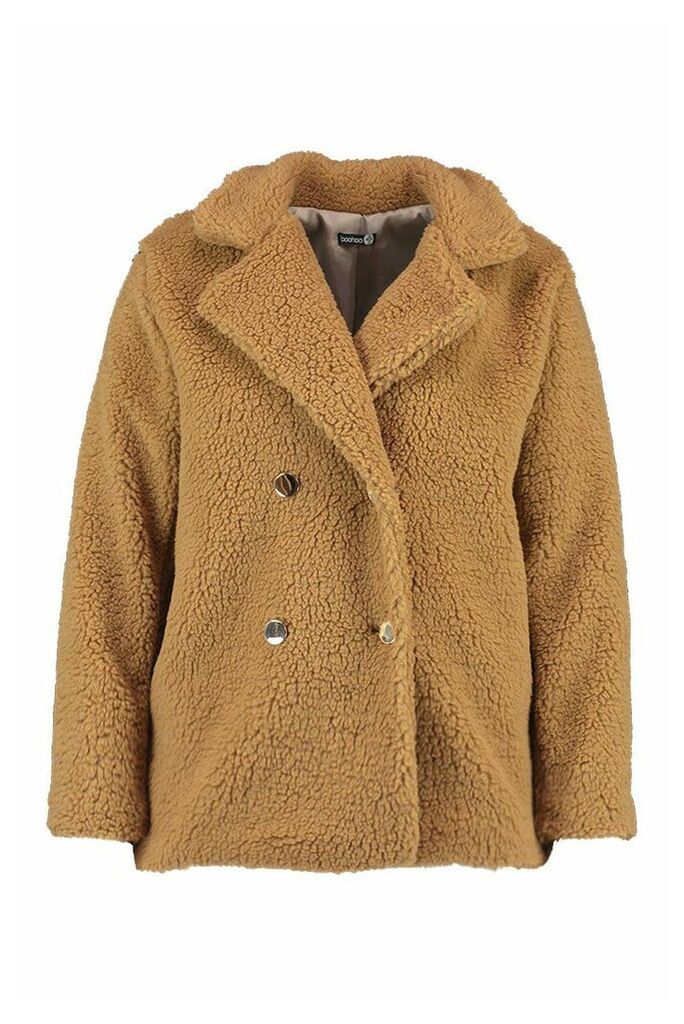 Womens Plus Double Breasted Teddy Faux Fur Coat - Brown - 16, Brown