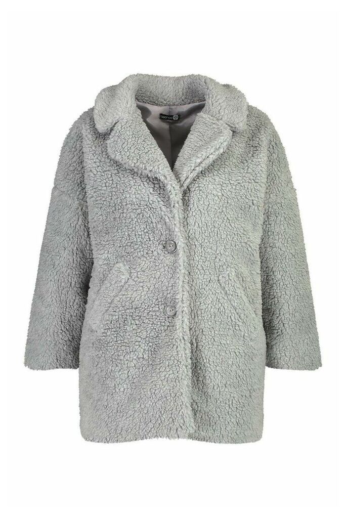 Womens Plus Faux Fur Teddy Coat - Grey - 16, Grey