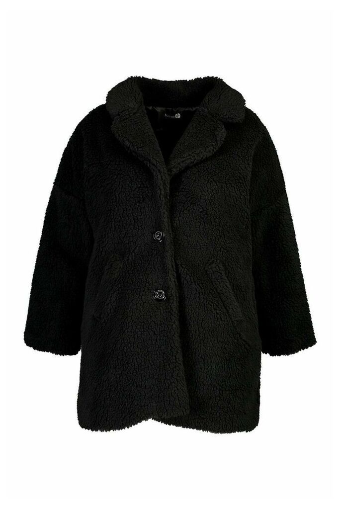 Womens Plus Faux Fur Teddy Coat - Black - 16, Black