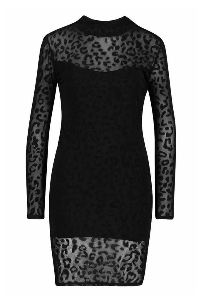 Womens Leopard Flocked Mesh Bodycon Dress - Black - M/L, Black