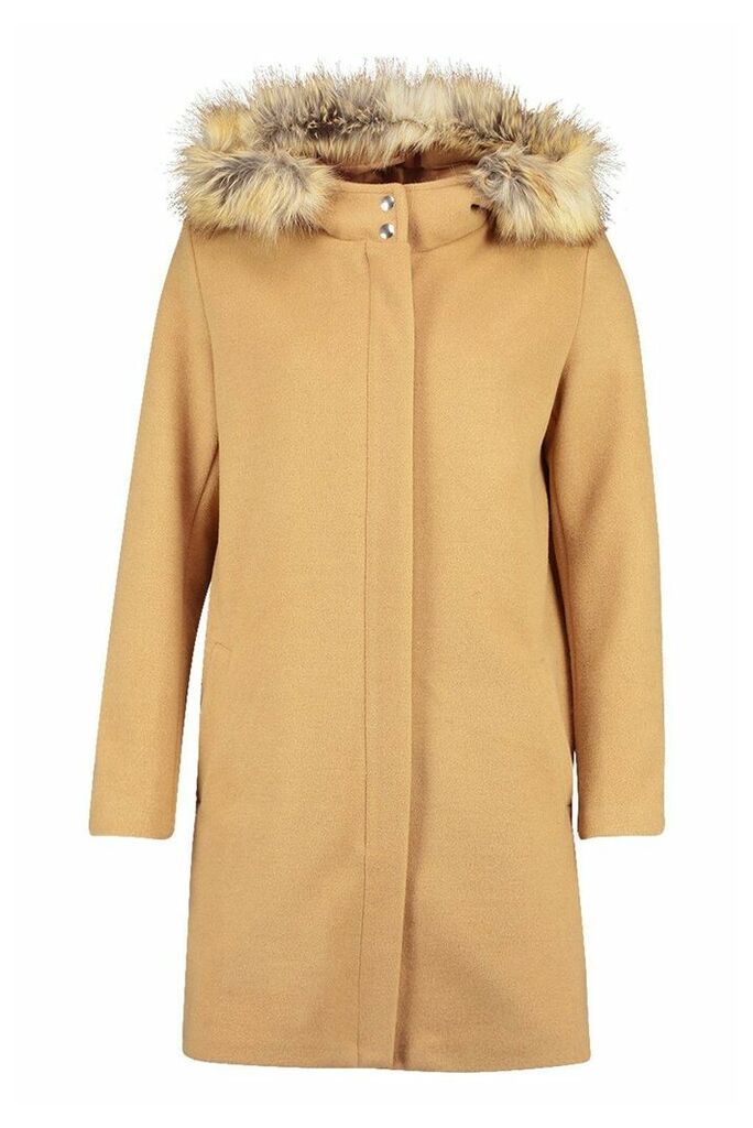 Womens Faux Fur Trim Hooded Wool Look Coat - Beige - 12, Beige