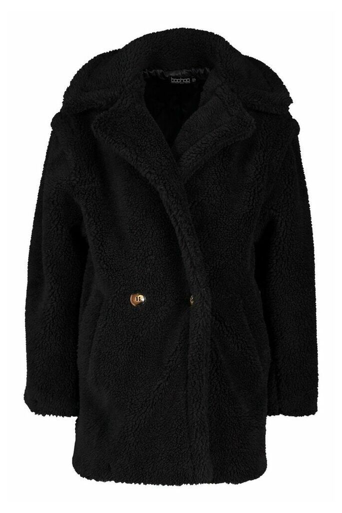 Womens Oversized Double Breasted Teddy Faux Fur Coat - black - S, Black