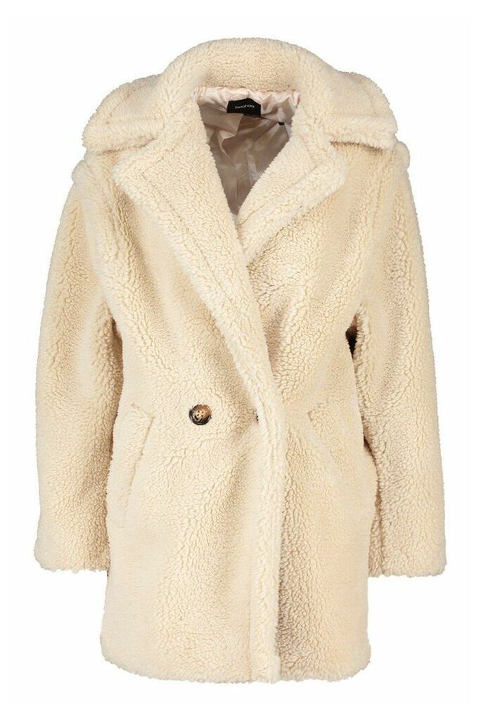 Womens Oversized Double Breasted Teddy Faux Fur Coat - white - L, White