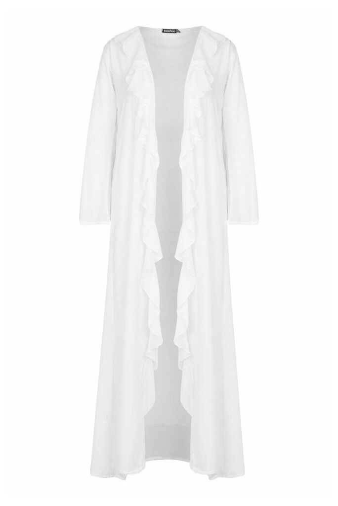 Chiffon Ruffle Maxi Beach Kimono - white - 16, White