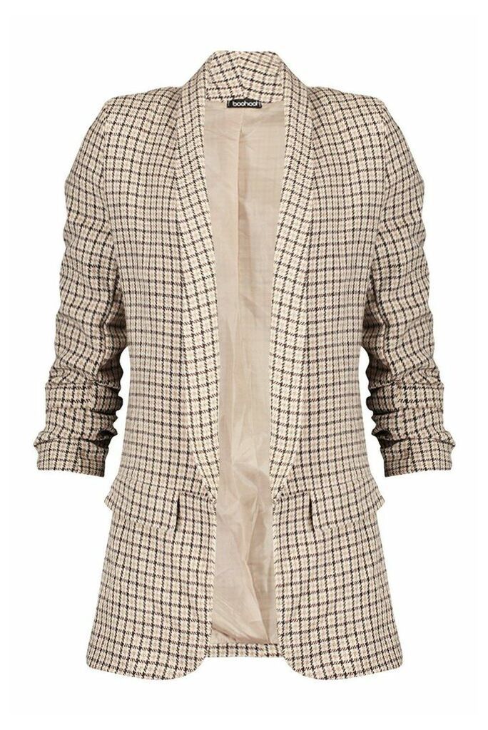Womens Dogtooth Check Ruched Sleeve Blazer - brown - 14, Brown